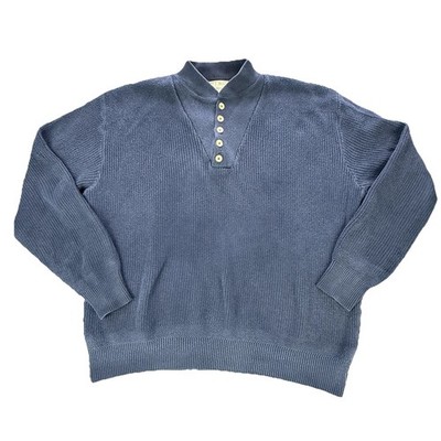 Vintage LL Bean Mens XL Long Navy Blue Ribbed Knit Henley Sweater Mock Neck USA