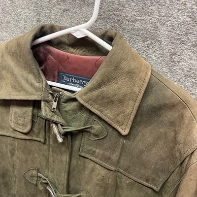 Vintage Burberry Suede Leather Duffle Toggle Coat Olive Green Vintage Burberry Suede Leather Duffle Toggle Coat Olive Green
