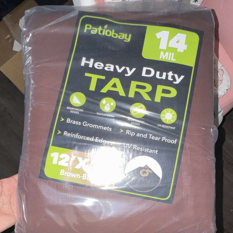 Patiobay Heavy Duty 14 Mil Tarp 12 ft x 16 ft Brown Brass Grommets