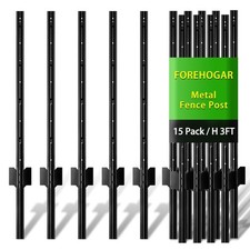 FOREHOGAR Metal Fence Post 3 Feet Black, Pack of 15, T Posts for Wire Fence, ...