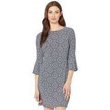 Tommy Hilfiger Shift Dress Womens 6 Navy Medallion Bell Sleeve