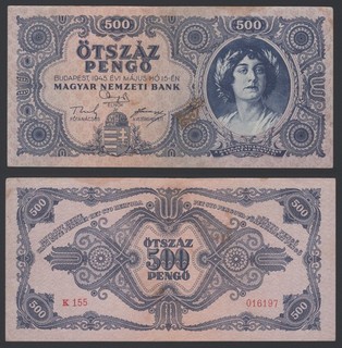 Hungary 500 pengo 1945 Woman Ornaments P117a Block K155 aVF