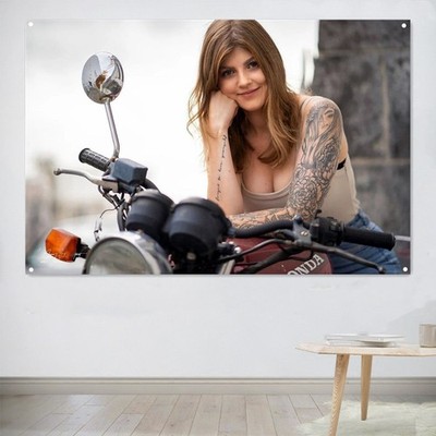 Hot Motorcycle Pin Up Sexy Biker Girl Tapestry Canvas Painting Man Cave Decor