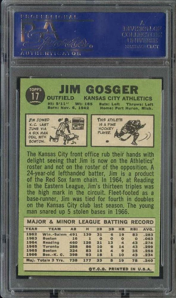 1967 TOPPS #17 JIM GOSGER PSA 9 ATHLETICS *B67064 - Image 2 of 2