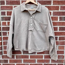 Blu Pepper Collared Raw Edge Knit Top Large Light Khaki Big Buttons Relaxed