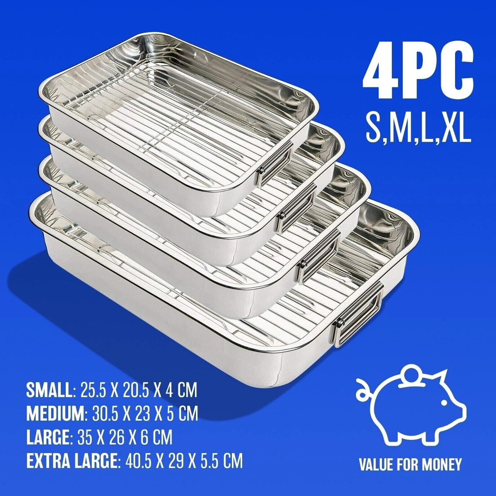 ROASTING TINS 4PC STAINLESS STEEL TRAYS OVEN PAN DISH BAKING ROASTER TRAY GRILL
