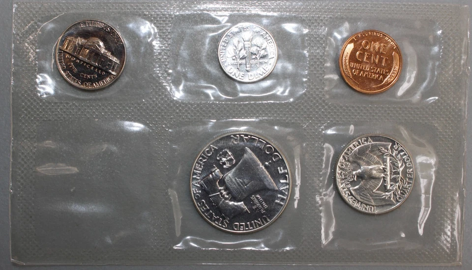 1955 US Proof Set 5 Coin Set 3 Silver Coins 1c-50c In Cello Sleeve with Envelope - Image 4 of 4