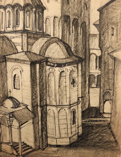 Vintage original charcoal drawing landscape with church cityscape - Imagen 7 de 12