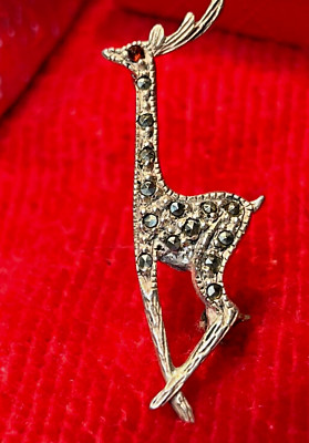Vintage Sterling Silver .925 Fancy Deer Brooch Pin Marcasite & Garnet Eye