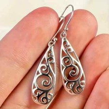 Silvery Classical Metal Hollow Water Droplet Pendant Earrings Long Drop Carving