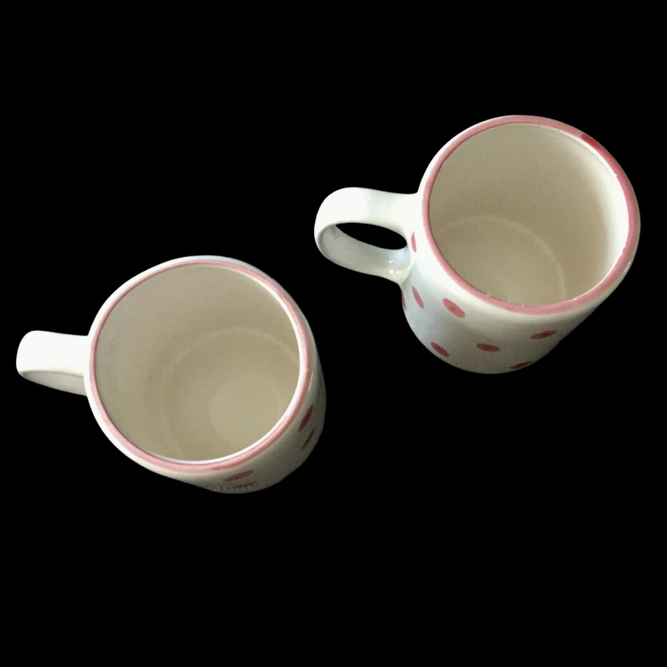 Vintage Anos 80 Par de Caneca de Café Cerâmica Bolinhas Chá Xícara de Cacau Rosa Branca - Imagem 3 de 4