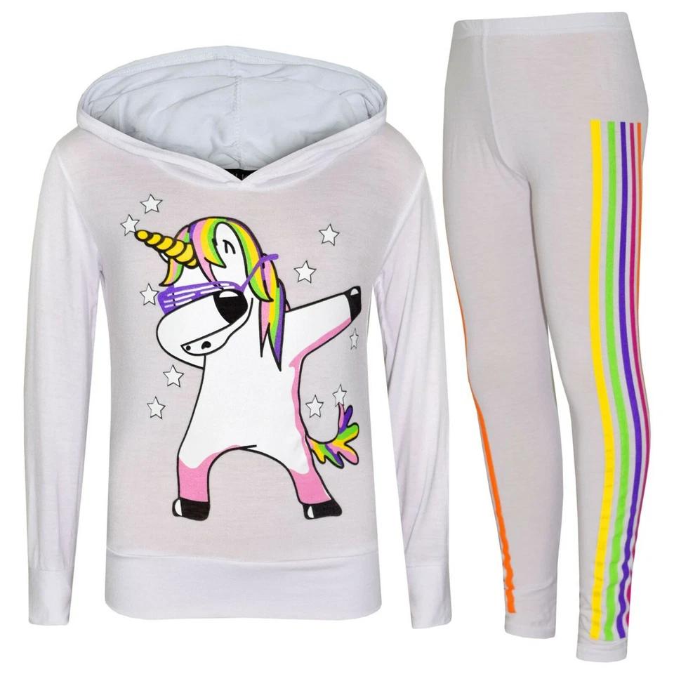 Enfants Filles Noël Survêtement Licorne Blanc Haut Leggings Ciel DAB Floss Set - Photo 1/1