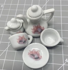 LOT DOLL House Miniature PINK DISHES Tea/Coffee  2 cups 1 sugar 1 cookie plate