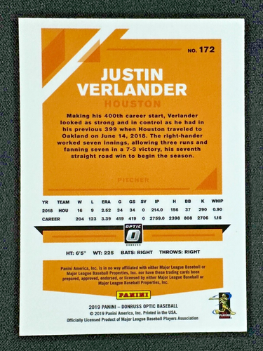 Justin Verlander 2019 Donruss Optic Carolina Blue and White #172 - Picture 2 of 7