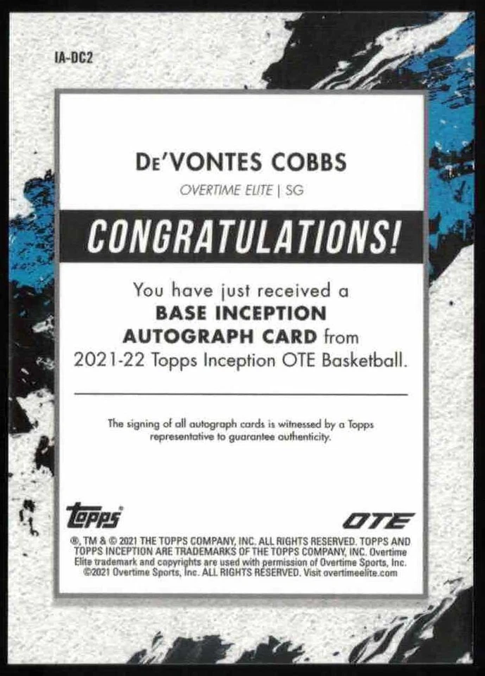 De'VONTES COBBS 2021 Topps Inception OTE Overtime Elite #IA-DC2 AUTO /200 RC! - Image 2 of 2