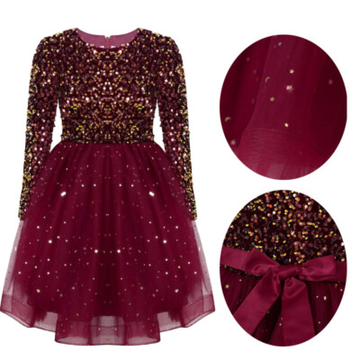 Kids Girls Dancewear Tutu Ball Gown Samt Dress Party Round Neck Glitter A-Line