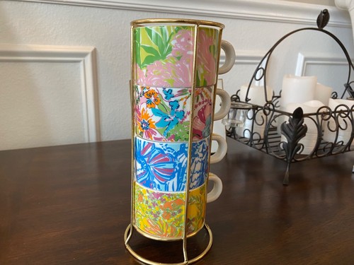 Lilly Pulitzer Set 4 Stackable Mugs Coffee Tea Espresso Floral Cups W/Holder