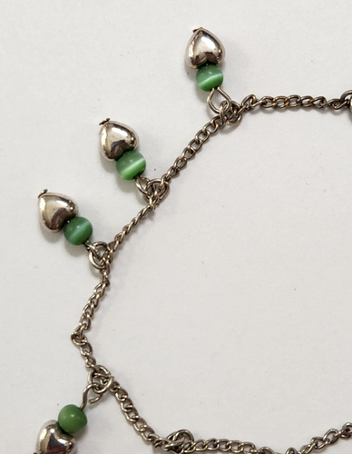 Dainty Silvertone Bracelet Heart Charms Green Cats Eye Bead Dangles Love Romance - Picture 2 of 5