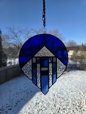 Handmade Blue Clear White Stained Glass Geometric Suncatcher 7 in Modern Art