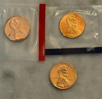 2001 P D S Lincoln Cent - Proof & BU 3 Coin Lot - Mint Cello
