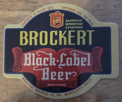 BROCKERT BLACK LABEL BEER  label  rocket Brewing Company Worcester  Mass.  IRTP