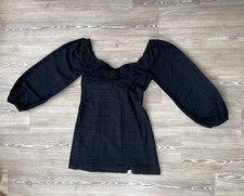 Free People Mini Dress Black Cotton Long Puff Sleeve Bow Back L / UK 12 - NEW