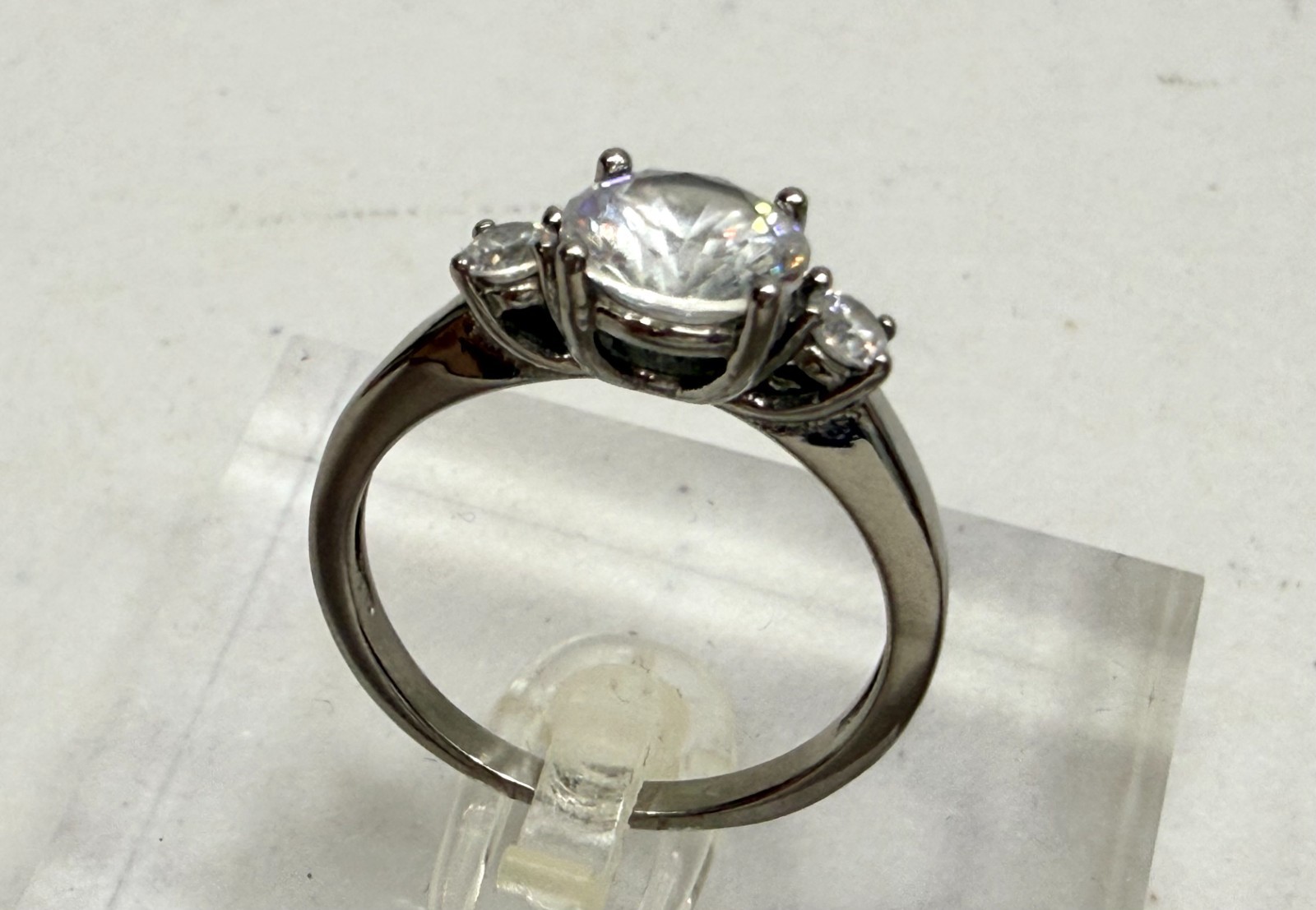 Vintage Statement Ring Three Stone Silver Tone CZ… - image 6