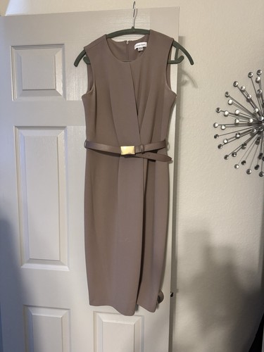 CALVIN KLEIN Womens Brown Taupe Belted Sleeveless Sheath Dress - Size 4