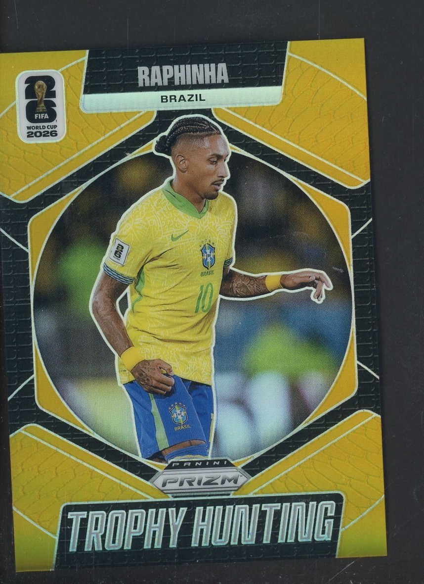 2026 Panini Prizm FIFA World Cup Soccer Trophy Hunting Gold Raphinha 1/10