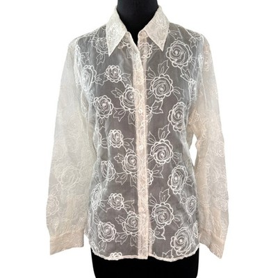 VINTAGE Rena Rowan Blouse Silk Sheer Floral Collared Button-Up Size 16 Ivory