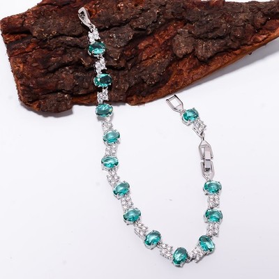 Apatite, CZ 925 Sterling Silver Adjustable Bracelet 7-8'' B141513, Gift for her