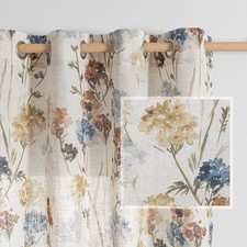 MYSKY HOME Floral Linen Curtains 84 inch Length 2 Panels Set Spring Flower Pa...