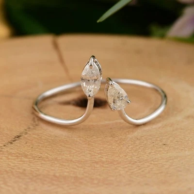 0.28 CT Natürlich Si / H Birne Marquise Schliff Diamant Manschette Ring 14k Weiß - Bild 1 von 4