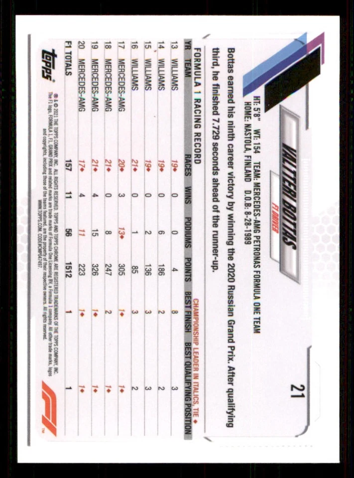 2021 Topps Chrome Formula 1 #21 Valtteri Bottas - Image 2 of 2