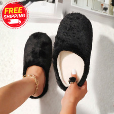 Fluffy Womens Closed Toe Comfy Slippers Ladies Shoes Slip On Warm Faux Fur Lined
