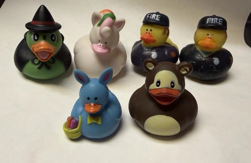 Lot 6 Rubber Ducks Bear Easter Egg Unicorn Witch Fire Fighter Bath Toys Jeep