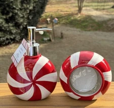 Christmas Ceramic Peppermint Candy Swirl Soap Pump Dispenser & Kitchen Scrubby