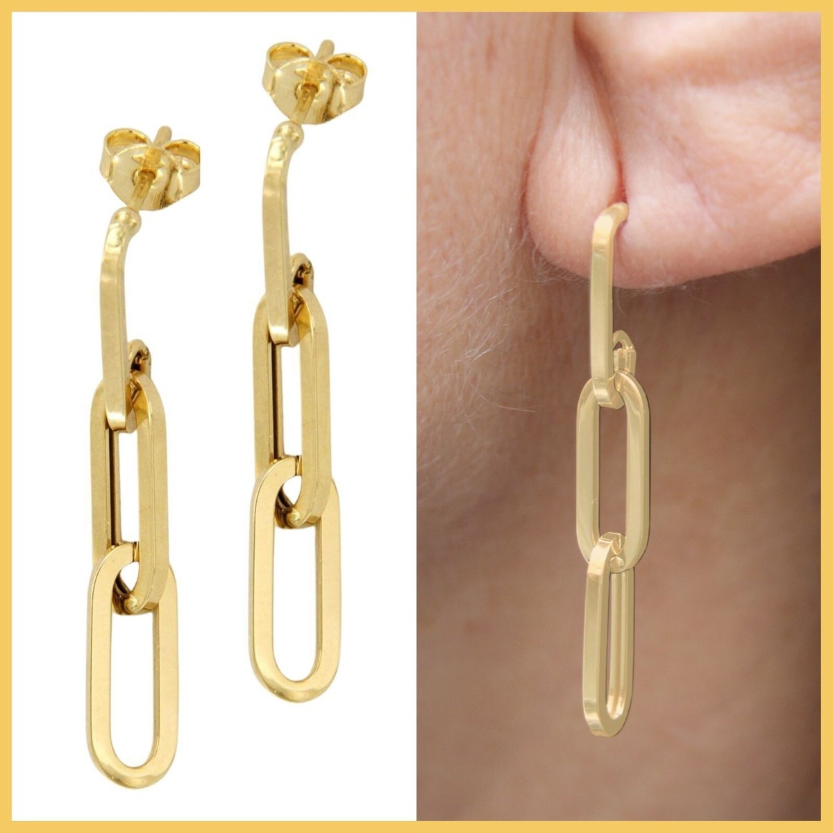 18k Real Yellow GOLD Paper Clip Chain Link Italian Italy Dangle Earrings  Women