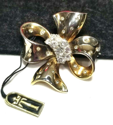 Vintage Gold Crown Trifari Sterling Rhinestone Bow Brooch Pin W Tags