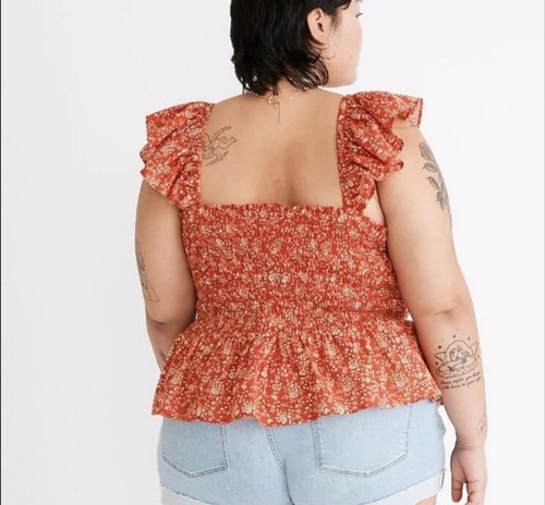 Madewell Lucie top peplo smocked in piaza stampa floreale arancione e marrone taglia 24W - Foto 3 di 5
