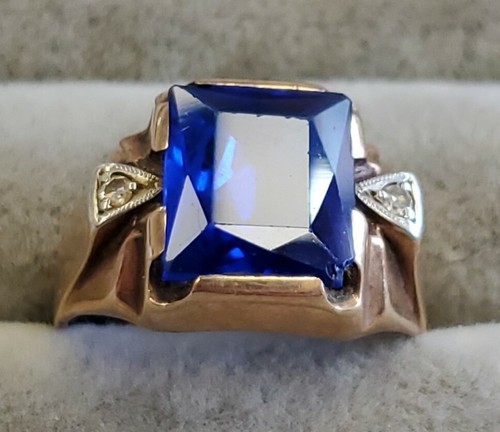 Vintage Men's Sapphire Glass Stone w diamonds 10k Gold Ring Size 10 - Picture 2 of 10