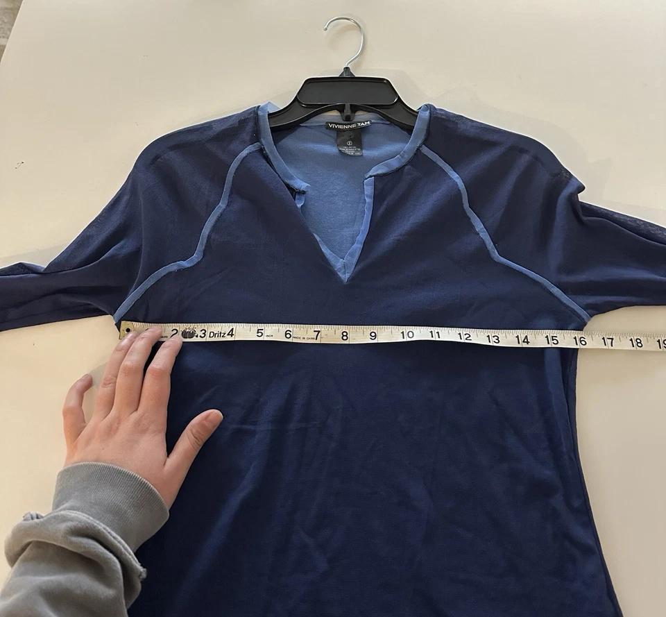 Vintage 90s Y2K Vivienne Tam Mesh Notch Blue 3/4 Sleeve Top 2 - Image 3 of 4