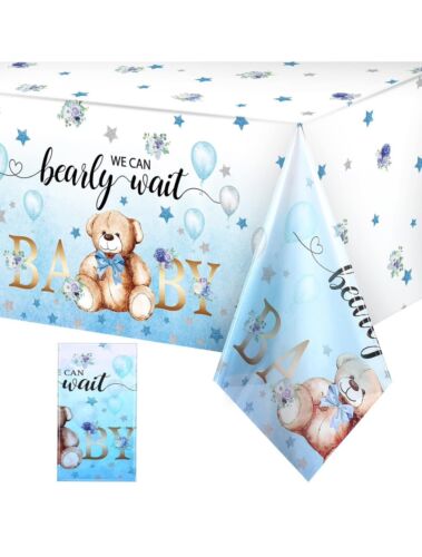 2 PK NEW BLUE BABY BOY TEDDY BEAR WE CAN BEARLY WAIT TABLE CLOTH - Picture 1 of 5