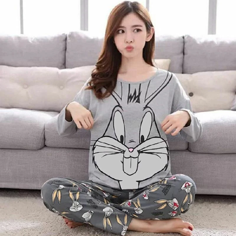 Women Autumn Winter Pyjamas Round Neck Pajama Sets Teacup Cat Sleepwear  Clothes