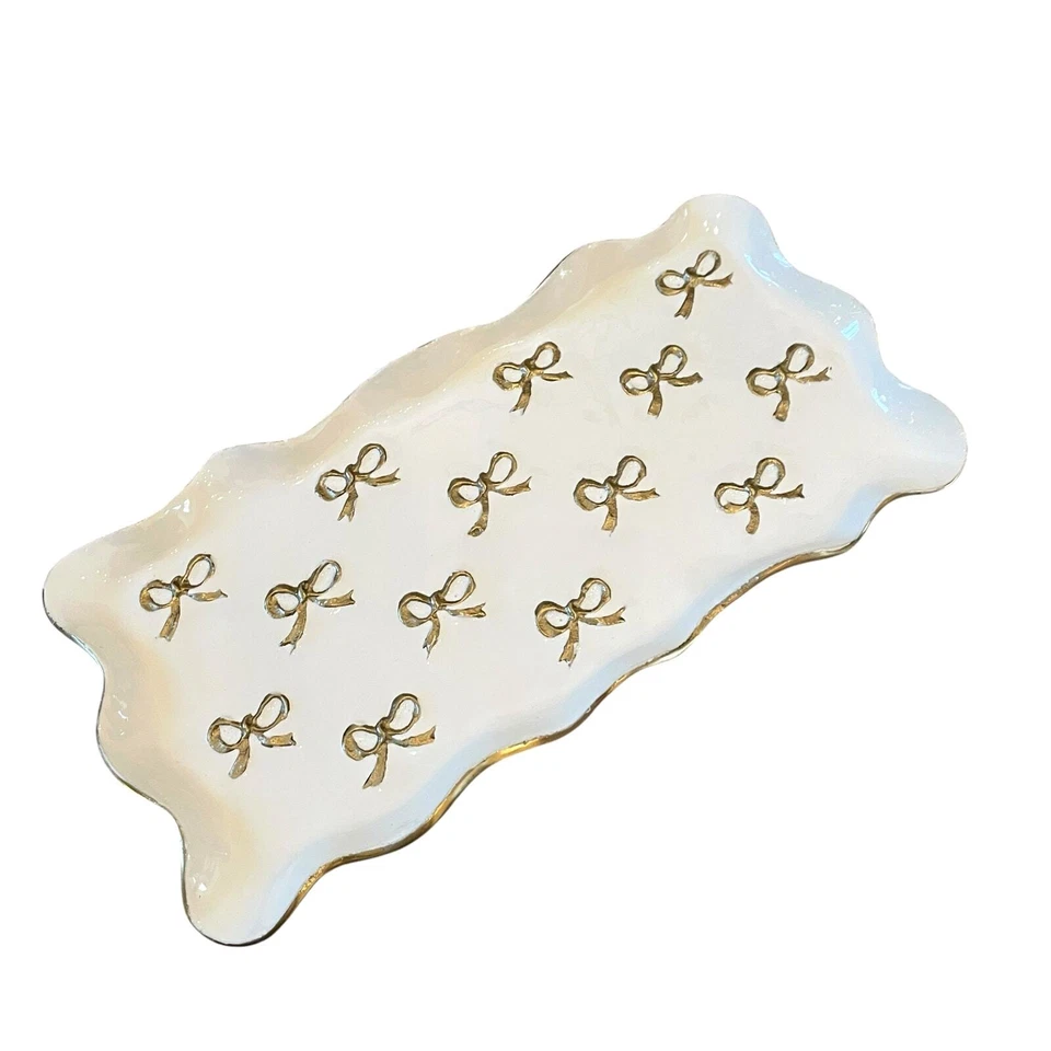 Gold Bow Enameled Rectangular Metal Serving Tray 16x7.5 Scalloped Made in India  - Image 2 of 4