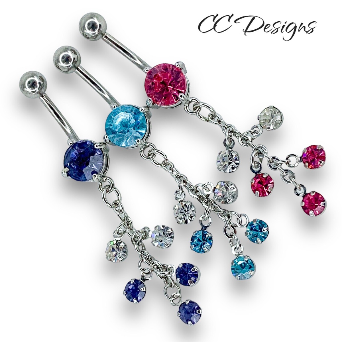 14g pink purple blue white sparkle cz dangle droplet belly ring
