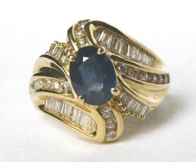 14k Gold 2.00 Ct Sapphire Baguette Round Diamond Cocktail Ring 6.3g Sz 6.25