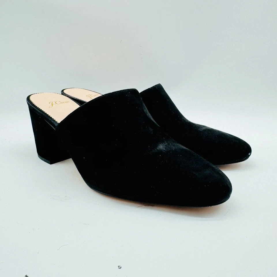 J Crew Zapatos Mujer 8.5 Negro Gamuza Mules Informal Vestido Tacones Deslizables Y2K Años 90 Foto 3 de 4