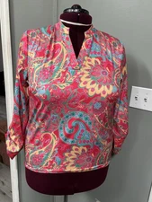 SHEIN Funky Paisley Size Large V Neck Blouse Pink Blue  Yellow Blouse