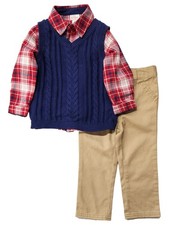 Infant Boys Dress Up Blue Vest Tan Khaki Pants Red Plaid Shirt Outfit 18M